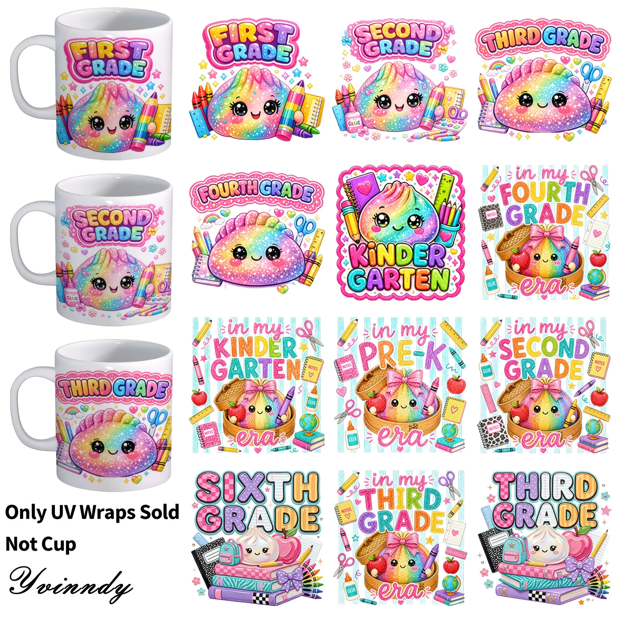 12PCS/SET Rainbow Back-to-School Theme DIY UV transfer stickers - suitable for DIY crafts mugs laptops