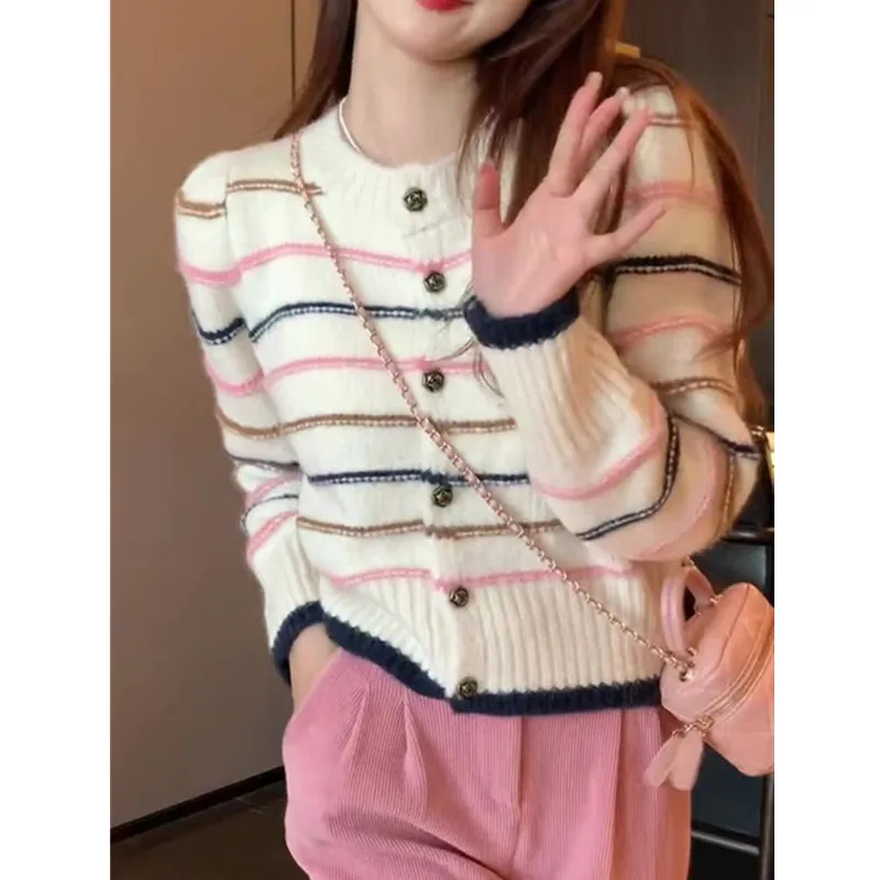 

Осень-зима 2022, новый модный ленивый свитер в полоску Jaet, женский свободный утягивающий вязаный топ Sweet Sle Thiened...