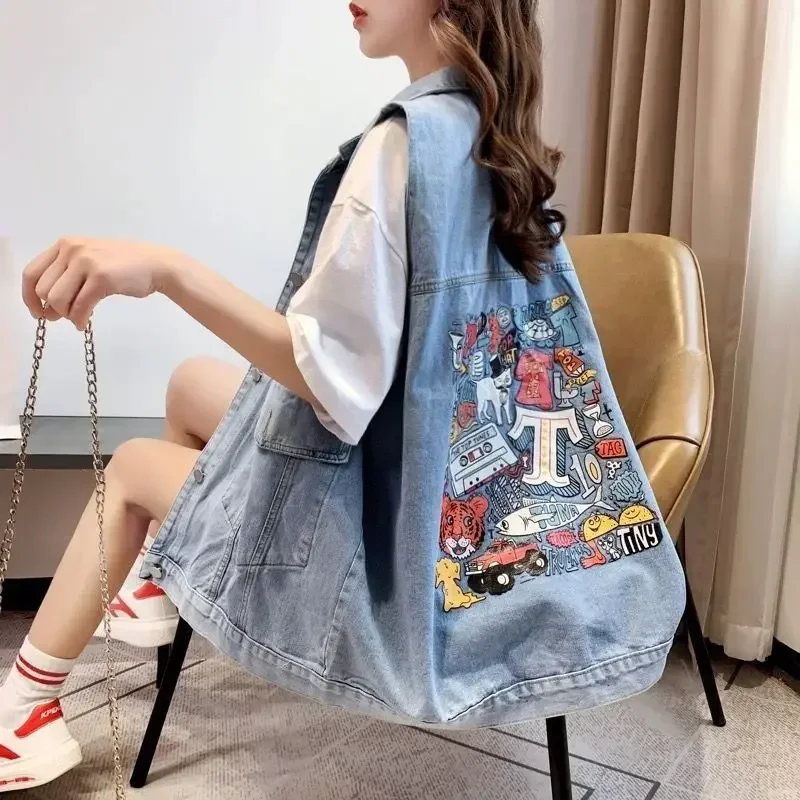 

Women's Printed Ripped Denim Vest Korean Fashion Cardigan Sleeveless Tops Leisure Coat Waistcoat Spring and Autumn Loose Retro