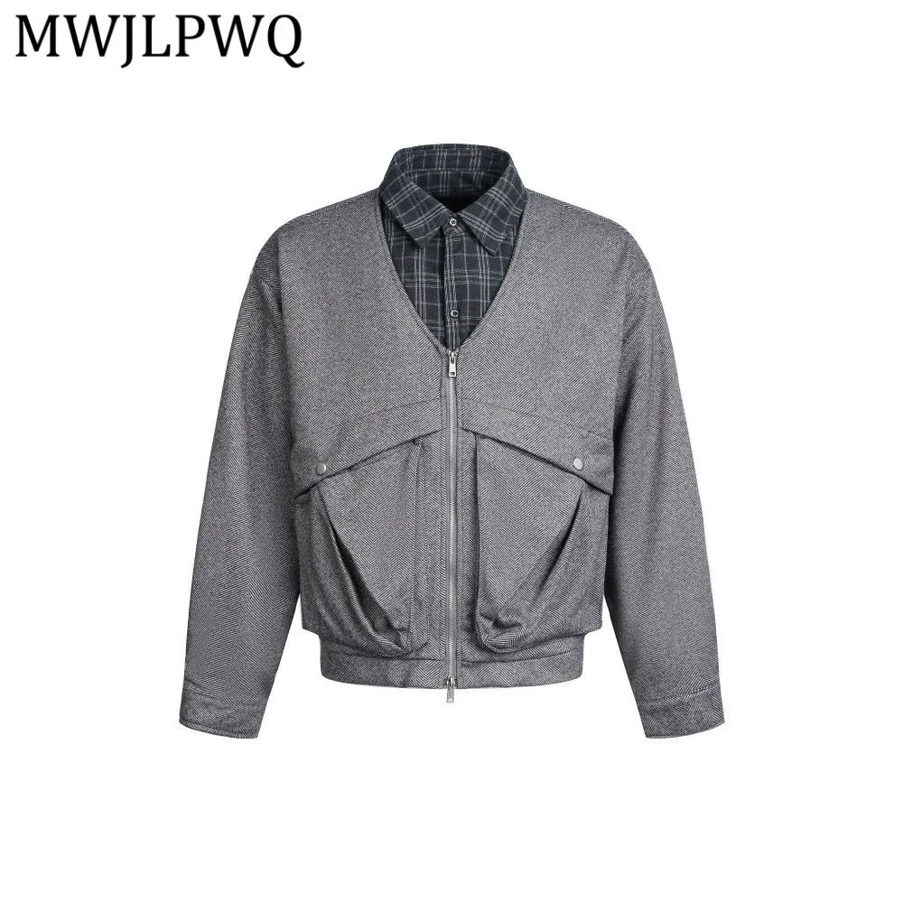 

MWJLPWQ Мужская куртка-обманка в стиле ретро с клетчатыми вставками, американский дизайн с двойной молнией, рабочая одежда, отложной воротник, новинка 13289