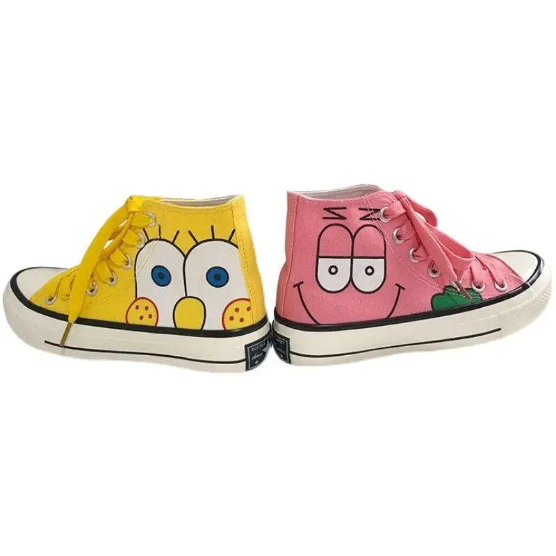 SpongeBob SquarePants plus size Hand Painted High Top Canvas For Women 2024 New Korean Versatile Student Board men shoes