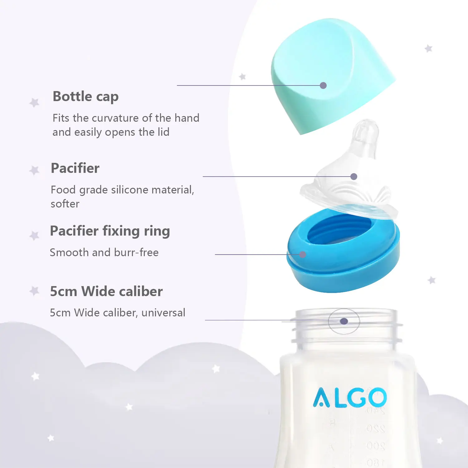 Botol Bayi Bahan PP 280Ml, Desain Diameter Besar Melengkung, Tahan Guncangan, Dapat Digunakan Bayi Baru Lahir 0-6 Bulan, Tersedia Tiga Warna