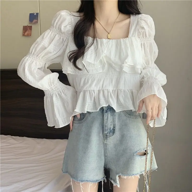 Gentle and Elegant Long Sleeves Shirt for Women\'s Spring Autumn Korean Version Square Neck Ruffled Edges Flared Sleeves Top