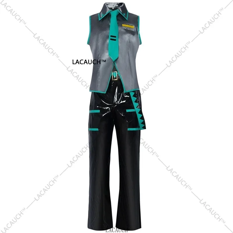 Anime Mikuo mâle femme Version Cosplay Costume noir veste en cuir PU pantalon fantaisie Halloween tenue de fête femmes hommes perruques vertes