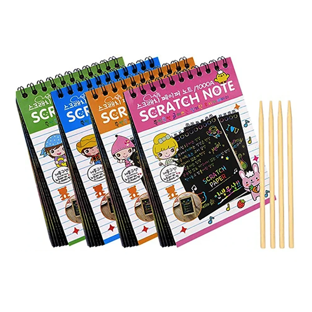 4 Pcs Kids DIY Scratch Drawing Notes 10 Sheets Graffiti Notebook Black Pages Magic Drawing Book Children Notepad Stationery Gift