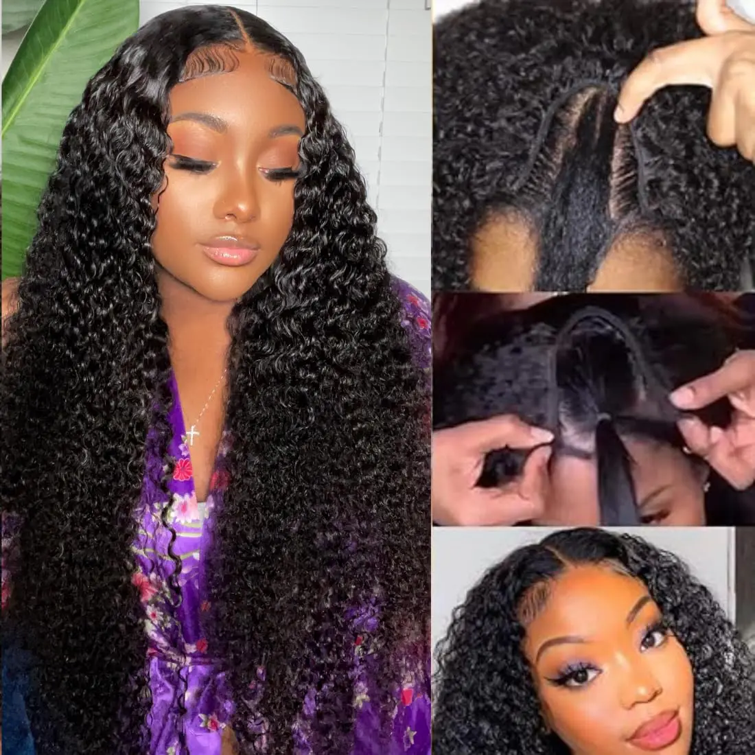 Parrucche con parte a V parrucche per capelli umani per le donne capelli umani con onda profonda capelli brasiliani Clip a testa piena in mezza parrucca parrucche Glueless con parte a V