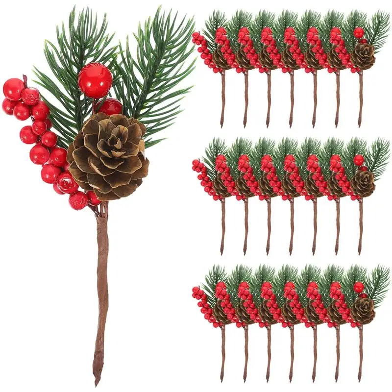 

10pcs Artificial Flower Red Christmas Berry Pine Cone Holly Branches Decoration For Home Floral Decor Crafts Red Fruit Pine