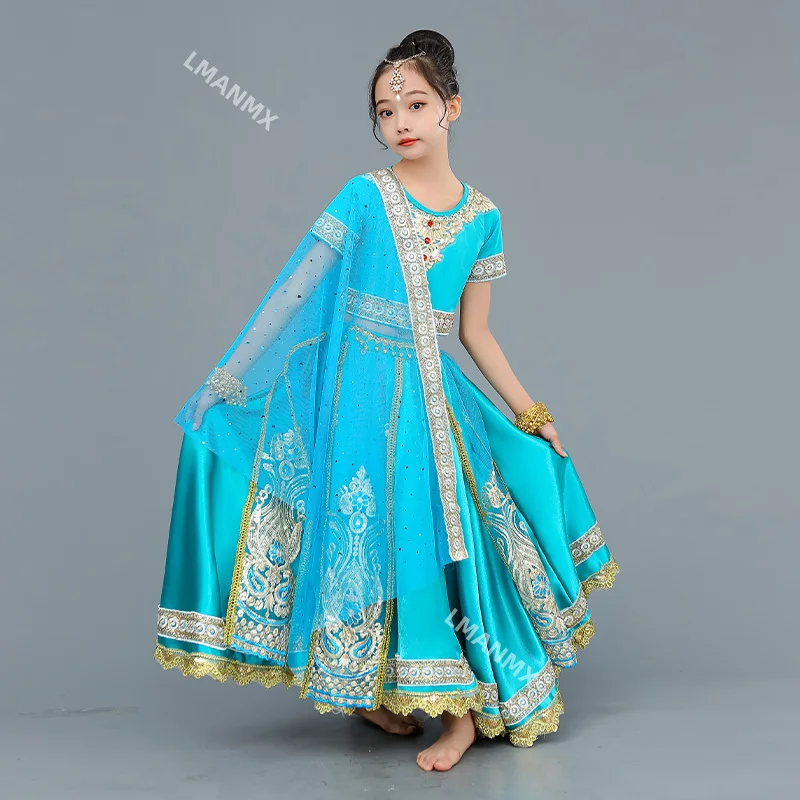 

Exotic children's dance costume, sari embroidered top, large swing skirt, and Lengha set