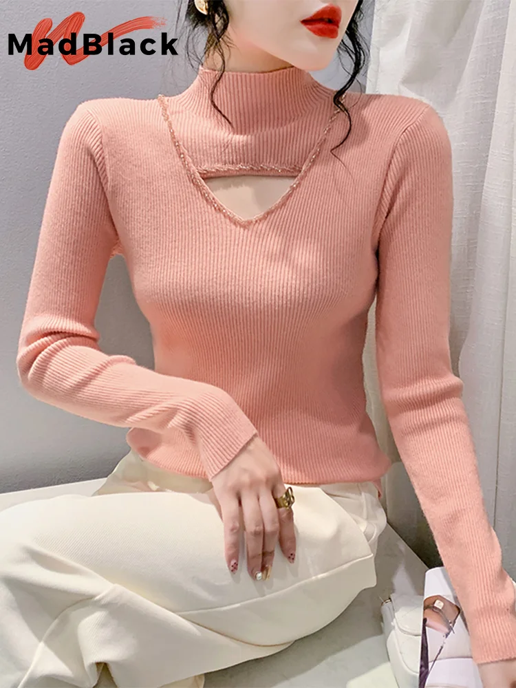 

MadBlack European Clothes Sweater Women Mock Neck Hollow Out Diamonds Knit Slim Tops Long Sleeve Pullover Autumn Winter T30673JM