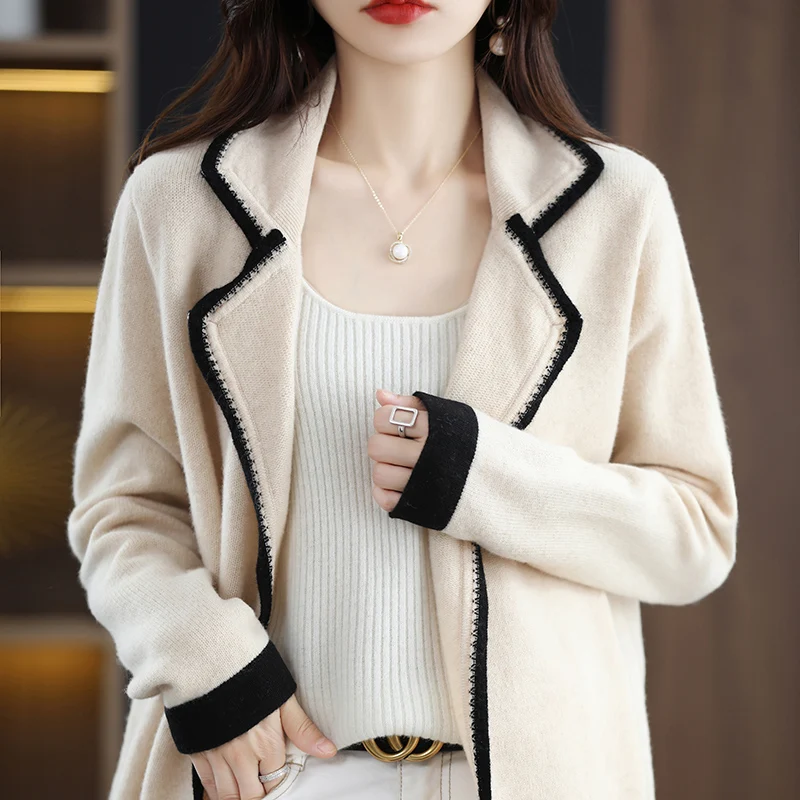 

100% wool cashmere sweater women's new color matching loose lapel knitted full-sleeve cardigan high-end fashion coat sweater