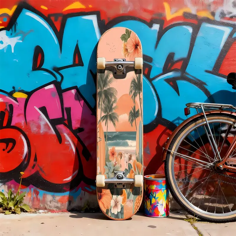 

Flat 2D scooter decals with tropical beach and palm tree design, perfect for skateboards and scooters. They are easy to apply