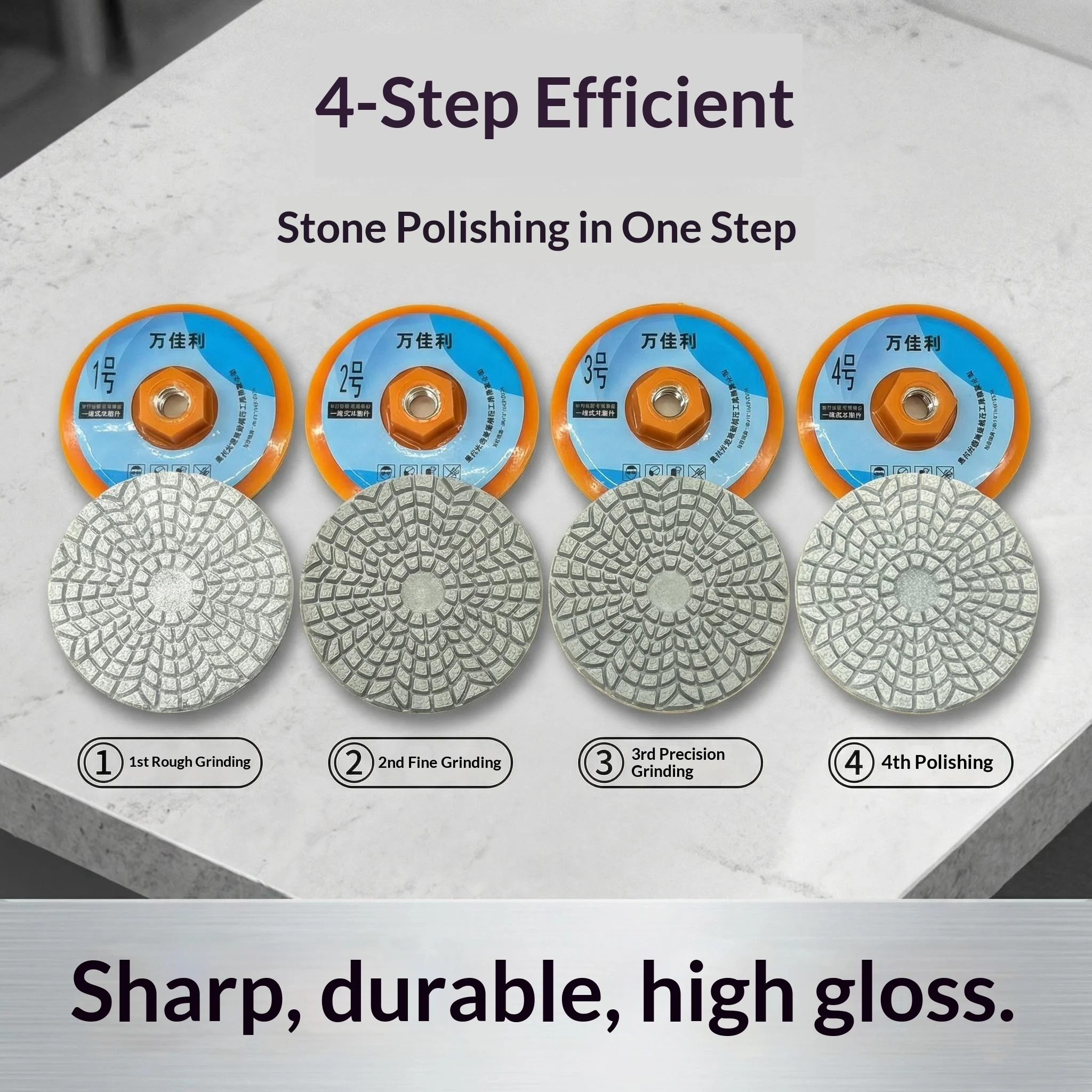 

Four-Step Diamond Polishing Pad for Quick Sharpening of Stone and Concrete SurfacesPolishing and honing of quartz stone, granite
