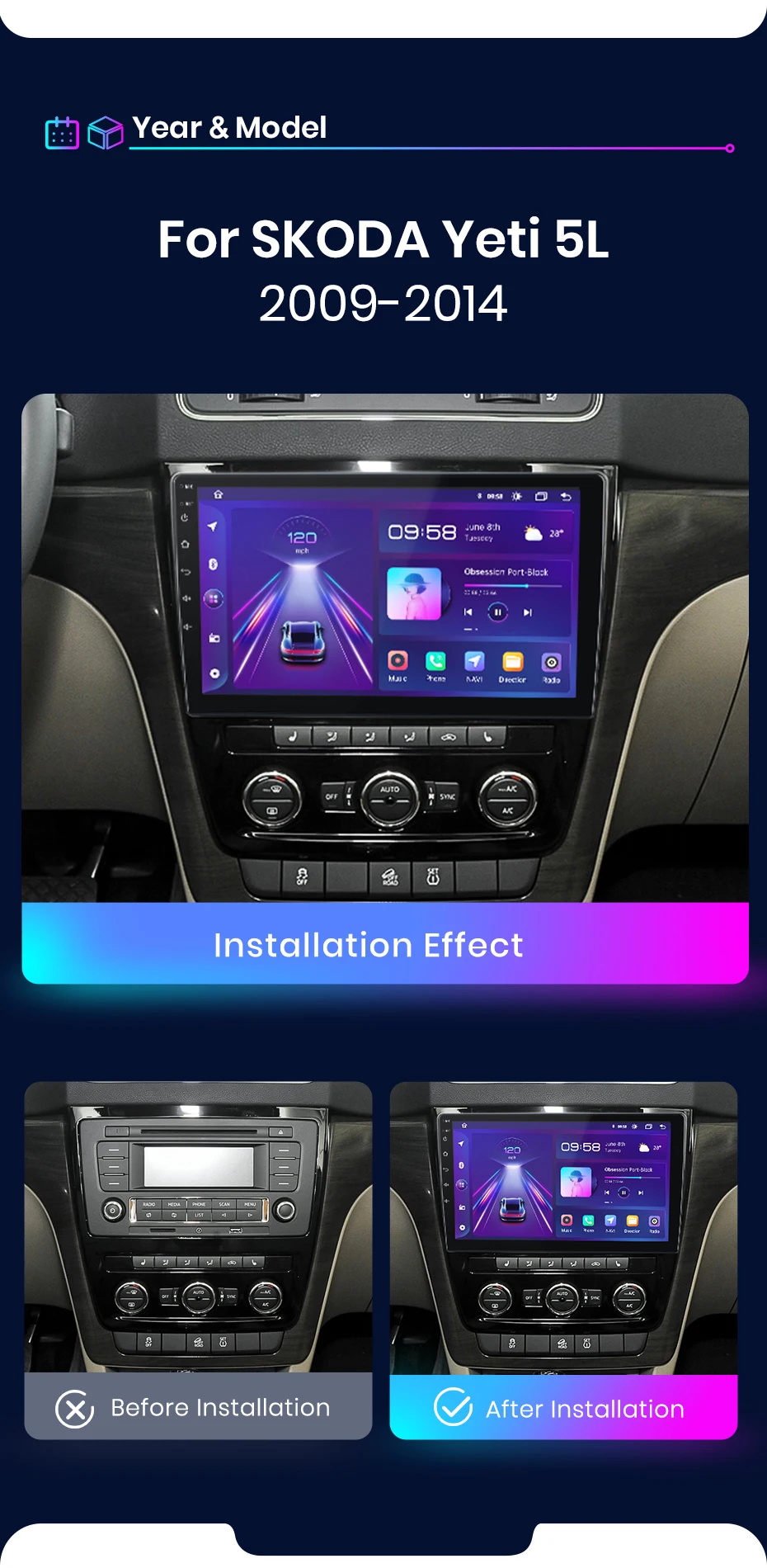 Junsun AI 4G LTE Wireless CarPlay Android Auto Autoradio für SKODA Yeti 5L 2009 2010 2011 2012 2013 2014 GPS Navi BT DSP RDS FM – Detail 3