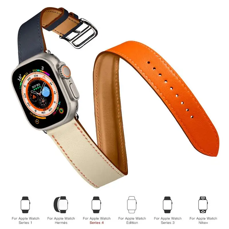 Double Tour For Apple watch band 44mm 45mm 41mm 42mm 40mm 49mm Genuine Leather bracelet correa series ultra 9 8 4 5 6 7 SE strap