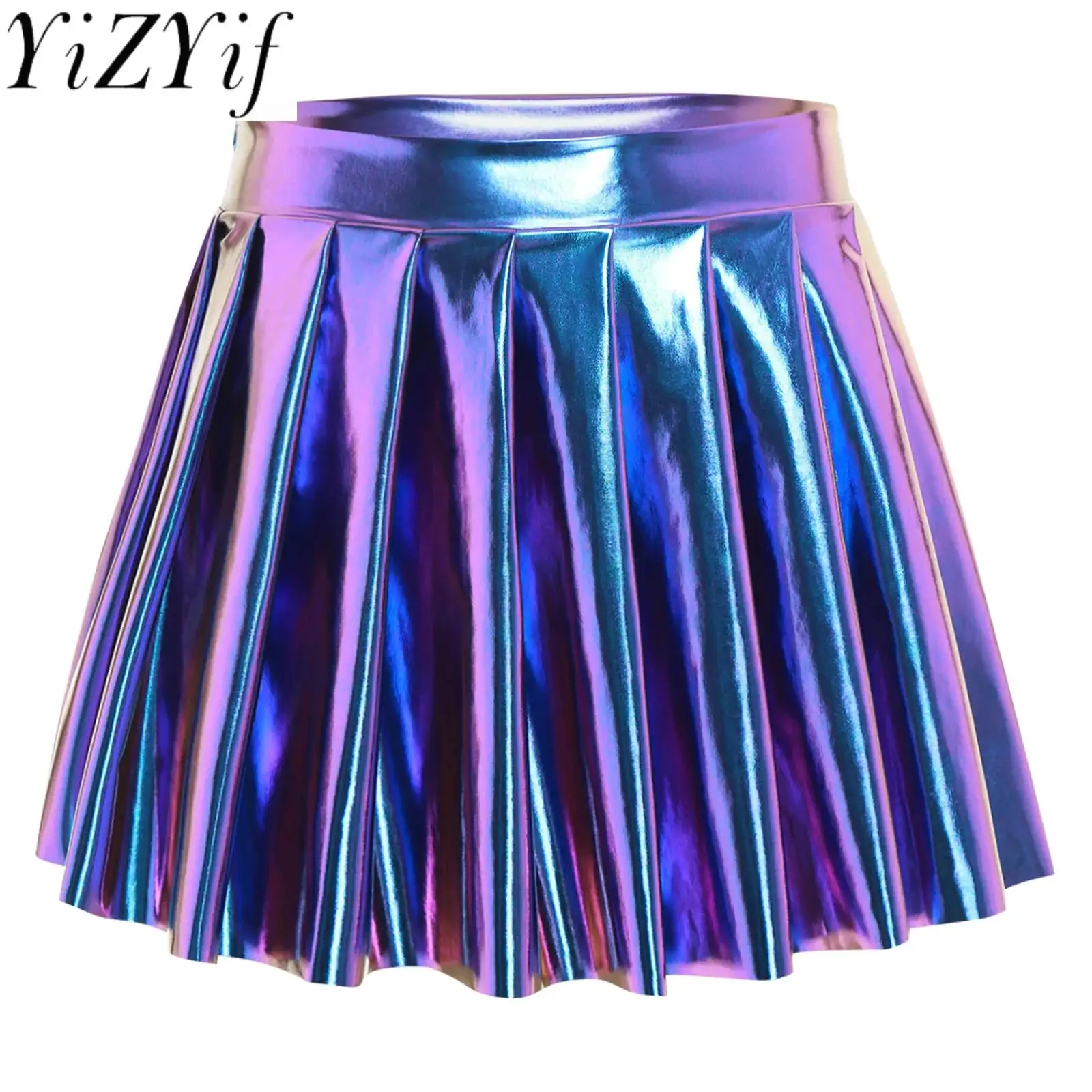 

Женская металлическая плиссированная мини-юбка с высокой талией, блестящая мини-юбка трапециевидной формы, голографическая юбка для вечеринок, клубов, одежда с высоким вырезом