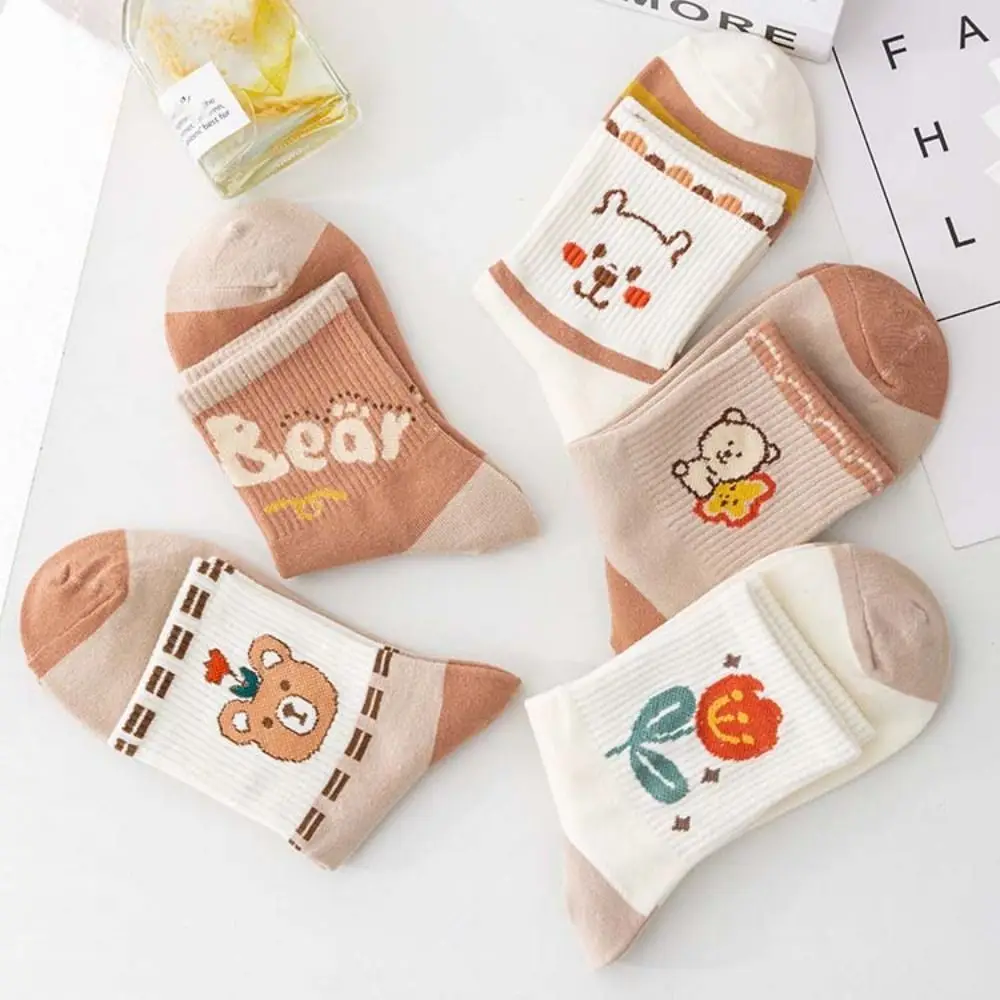 

5 pairs Fashion Letter Cartoon Bear Socks Stripe Patchwork Flower Ankle Socks Thin Women's Hosiery Summer Tube Socks Streetwear