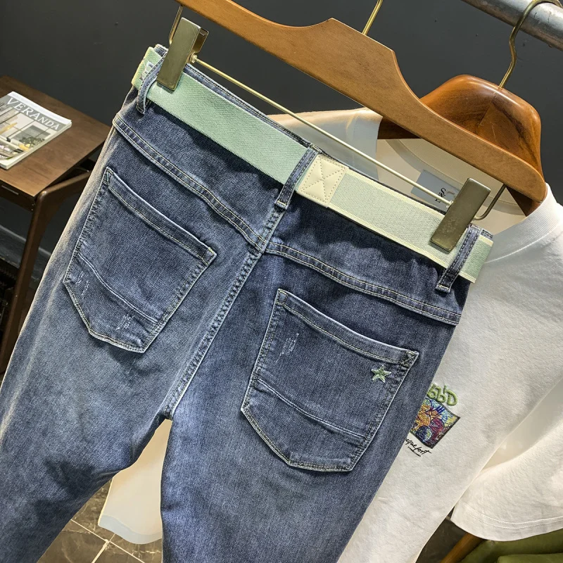 

High end jeans men's spring/summer 2025 thin embroidered print Korean version micro elastic small leg cropped pants