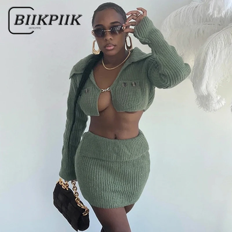 BIIKPIIK Sexy Green Women Sets Knit Turndown Collar Pocket Crop Top+Mini Skirt Autumn Concise Elegent 2 Piece Suit Stunning Club