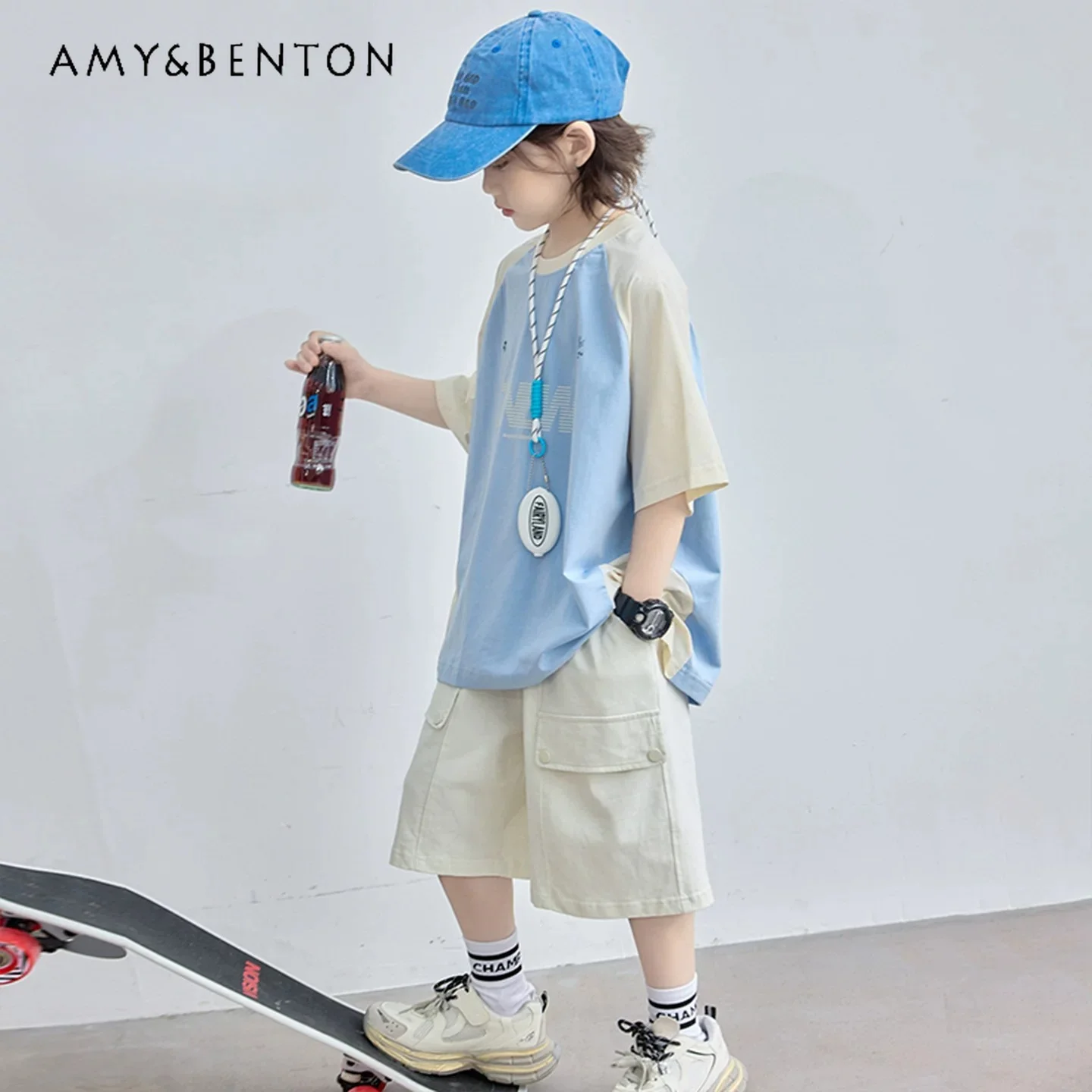 

Boys Summer Fashion Color Block Short Sleeve and Shorts Set 2026 New Big Kids Pure Cotton Loose Breathable Sporty 2pcs Outfit
