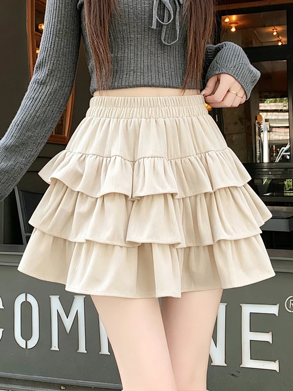 Chic Velvet Cake Short Skirt Women's Autumn 2026 New Brown Coffee A-Line Pleated Fluffy Skirt High Waist Polyester Fiber