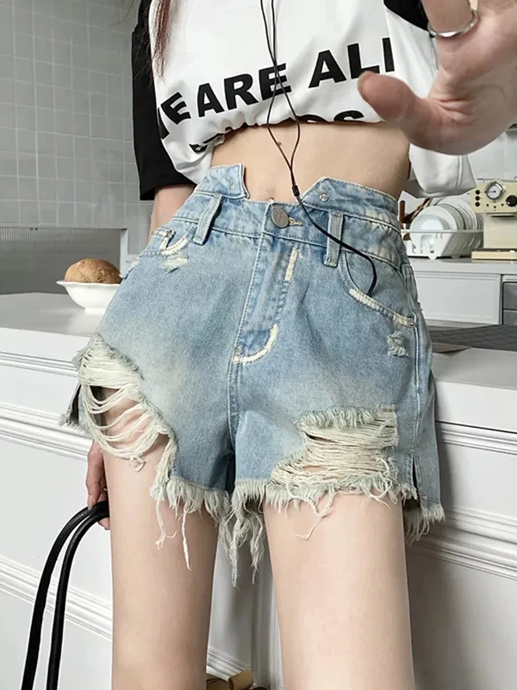 

Zoki Sexy High Waist Hole Denim Shorts Women Vintage Casual Sweet Jeans Shorts Korean Streetwear Retro Design All Match Shorts