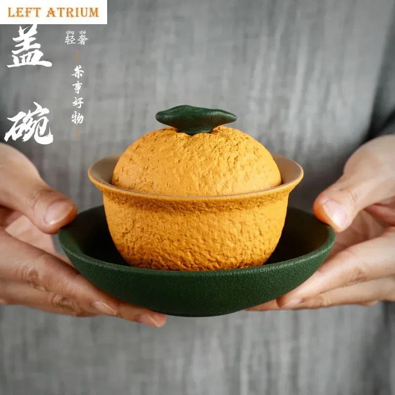 

Chinese Sancai Gaiwan Handmade Pottery Tea Cup Bowl Creative Orange Shape Tea Tureen for Home Use Ceramic Pigmented Teaware Set