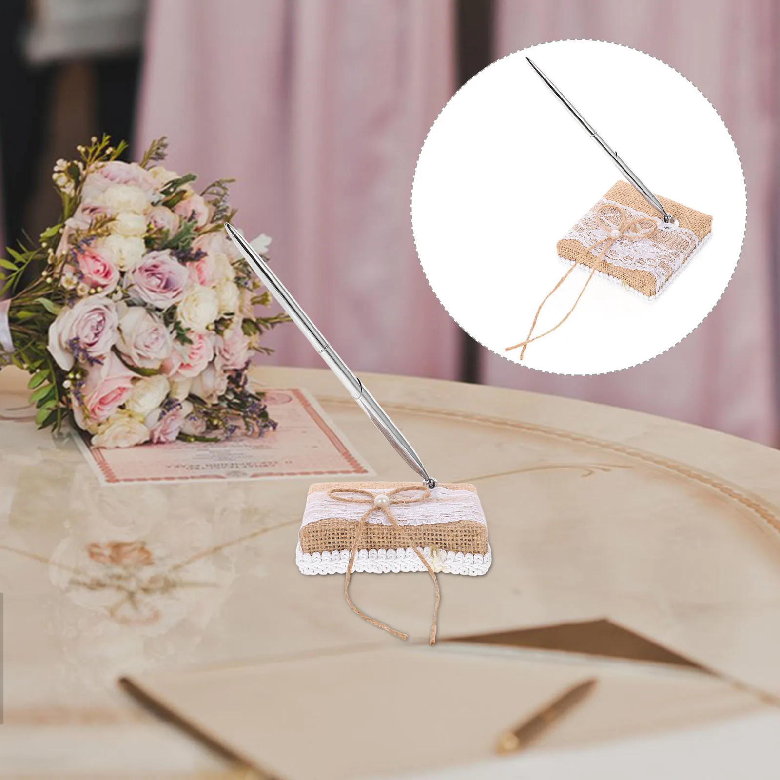 

Romantic Wedding Pen Linen Steel High Hardness Decorative Pen for Guest Book Valentine's Day Favor Table Standing