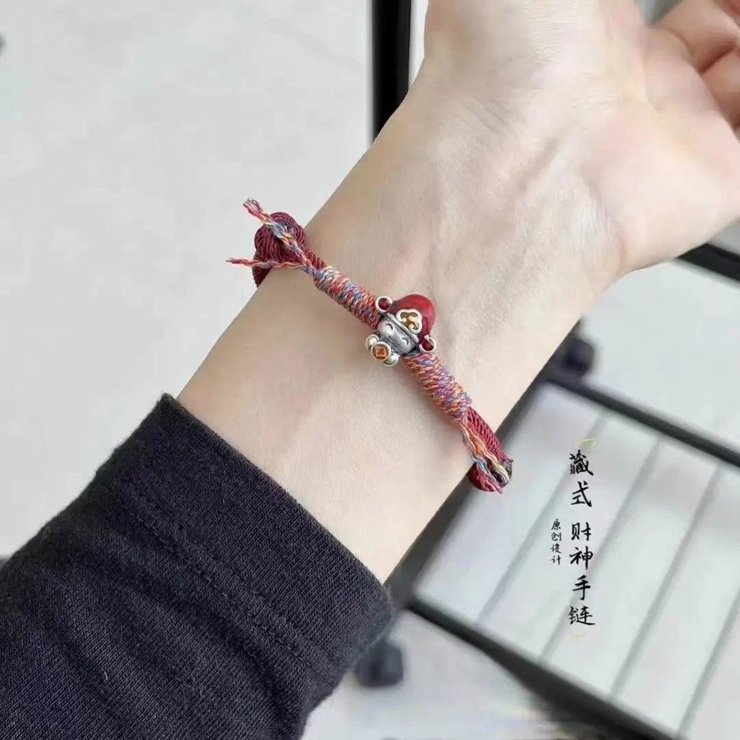 UMQ Foot Silver 999 Chinese Style Mammon Cotton Rope Bracelet Retro National Tide National Enamel Woven Hand Rope Birthday Gifts