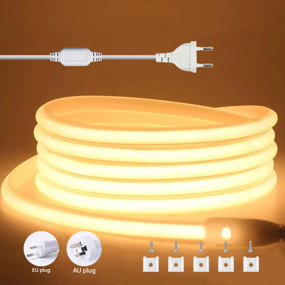 1M-50M 220V COB LED Strip Light EU AU Super Bright 288LEDs/m Flexible Outdoor Lamp Waterproof LED Tape Room Kitchen Lighting