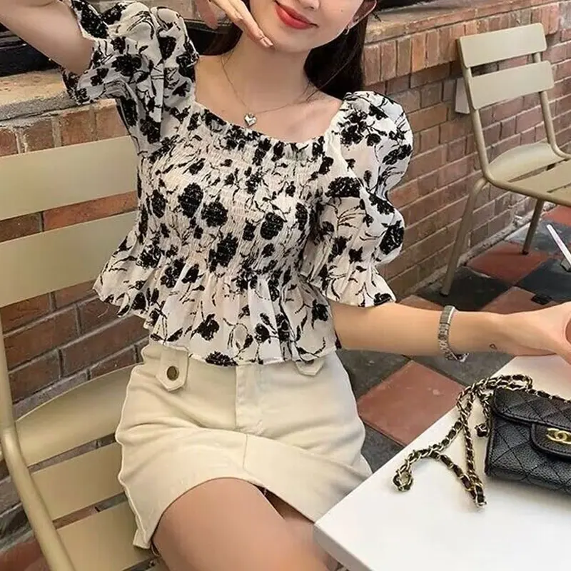 Elegant Square Collar Waist Blouse Women's Clothing Stylish Folds Puff Sleeve Summer Slim Shirring Vintage Broken Flowers Shirt