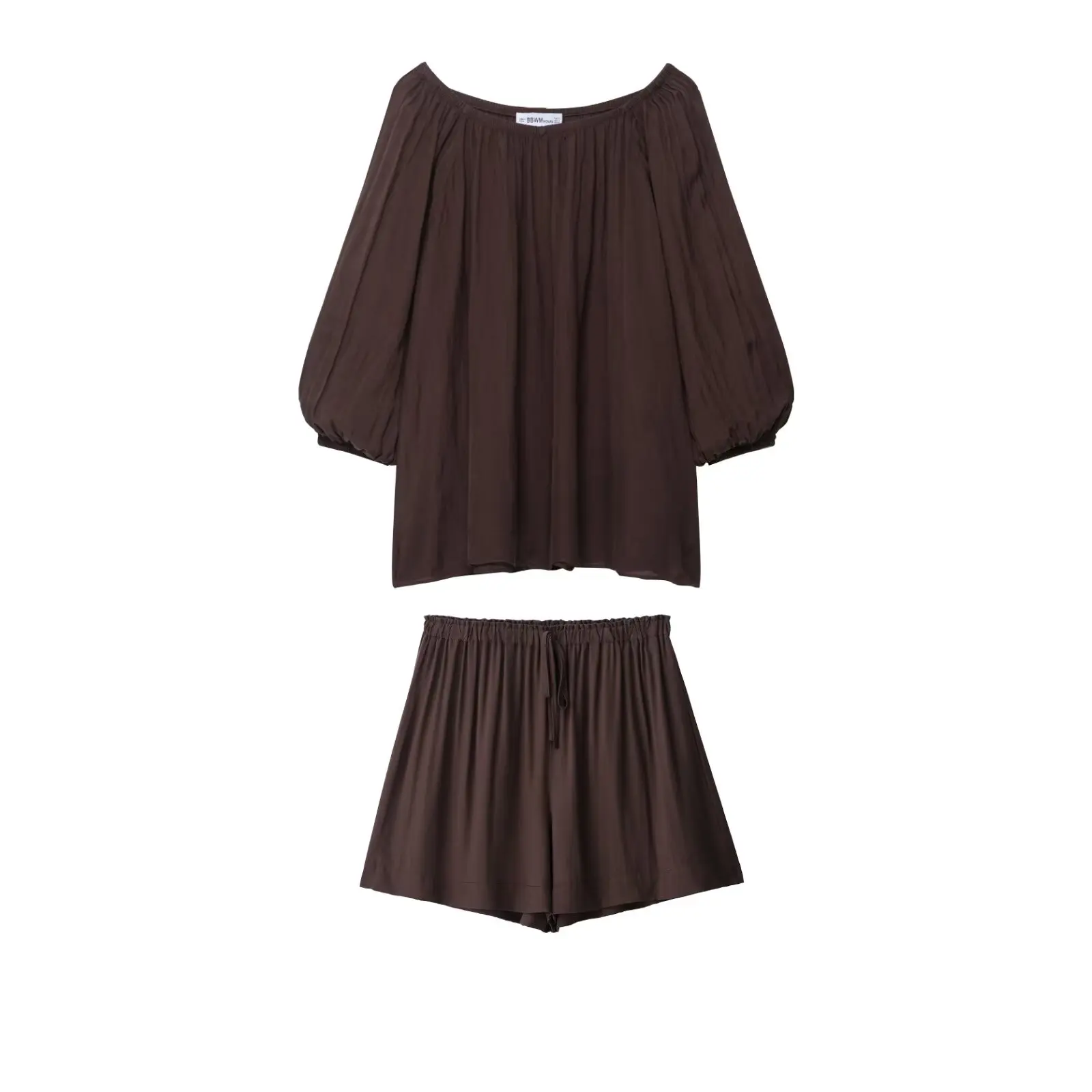 

2025 г. Женская модная коричневая плиссированная рубашка-пуловер с косым воротником и длинными рукавами. Женская элегантная стильная повседневная рубашка и комплект юбки.