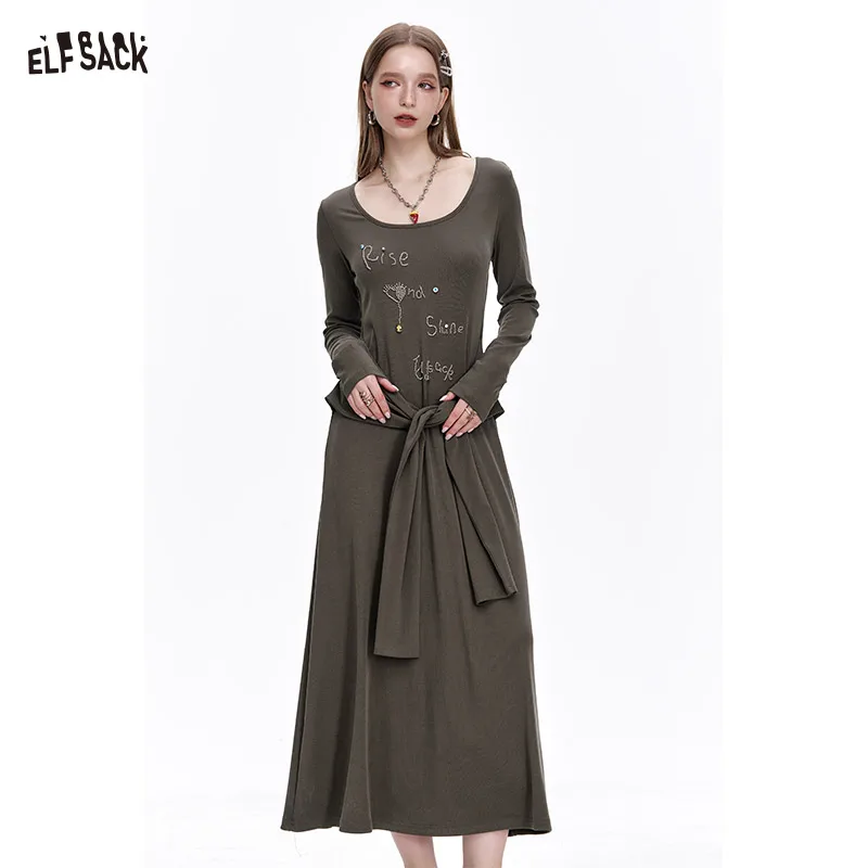 

ELFSACK 2025 Spring New Arrivals Retro beaded diamond long sleeve dress women's sweet cool casual long dress