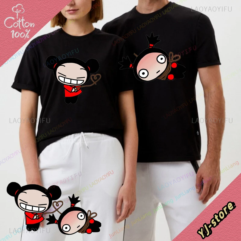 Couple Man Clothes Pucca and Garu Streetwear Lovers Graphic Y2k 100% Cotton T Shirt for Men Clothing Tops Men's Shirts Vintage