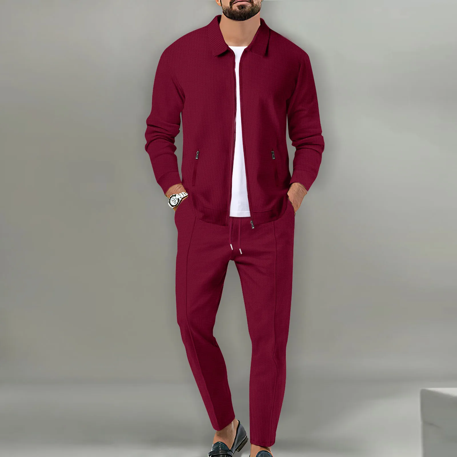 Moda uomo autunno interhot vendita due pezzi colletto alla coreana da uomo sportivo tasca con cerniera tuta sportiva