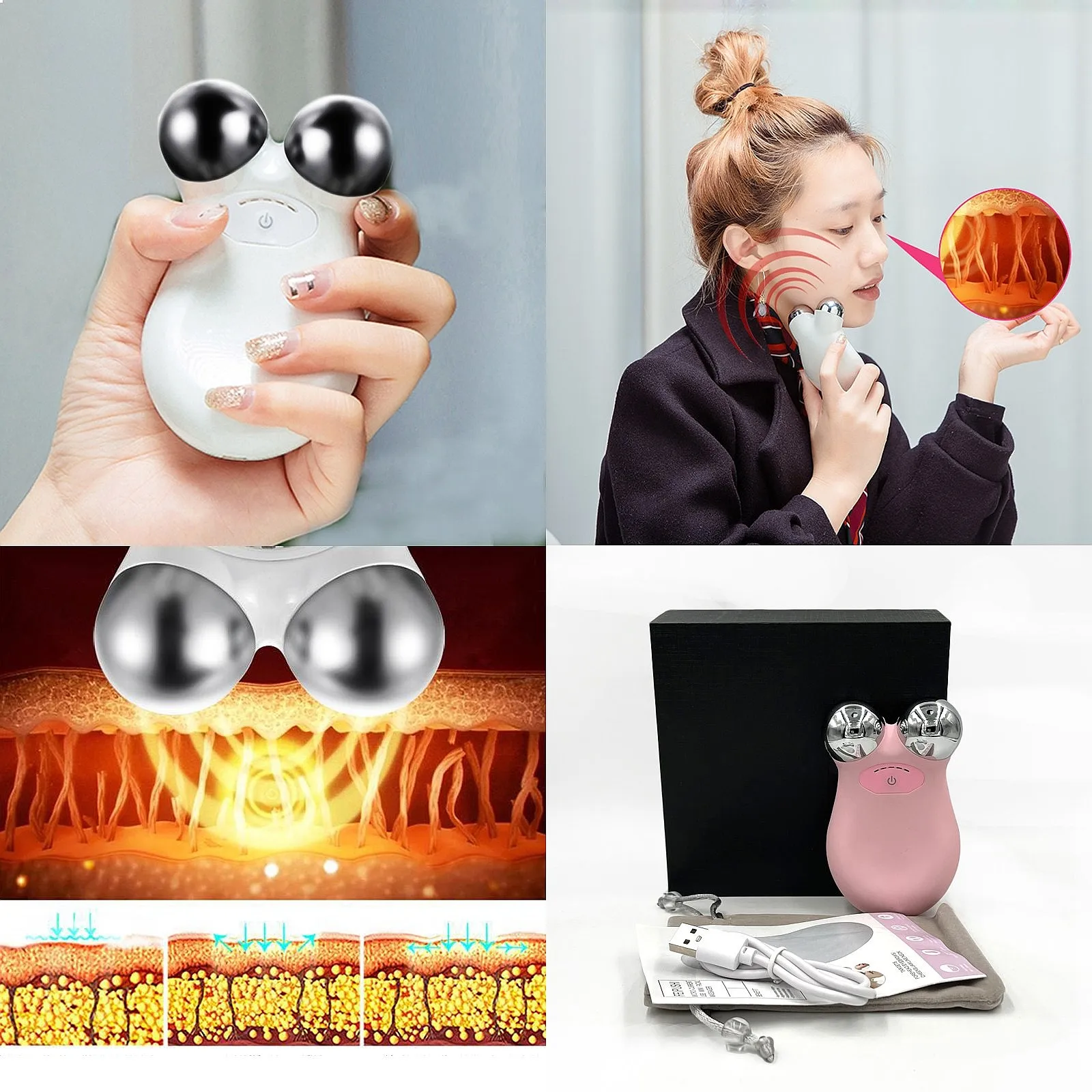 858 EMS Ion V-Shaped ABS USB Massager Roller Home Use Anti-Cellulite Skin Tightening Facial Lift Device for Face