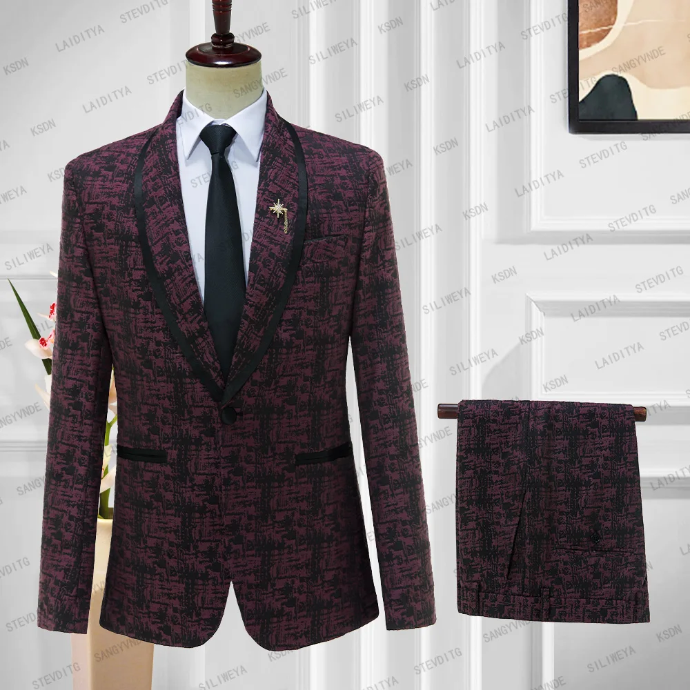 

2023 New Formal Men Wedding Suit Wine Red Jacquard With Satin Trimmed Shawl Lapel Slim Fit Business Groom Tuxedo (Jacket+Pants)