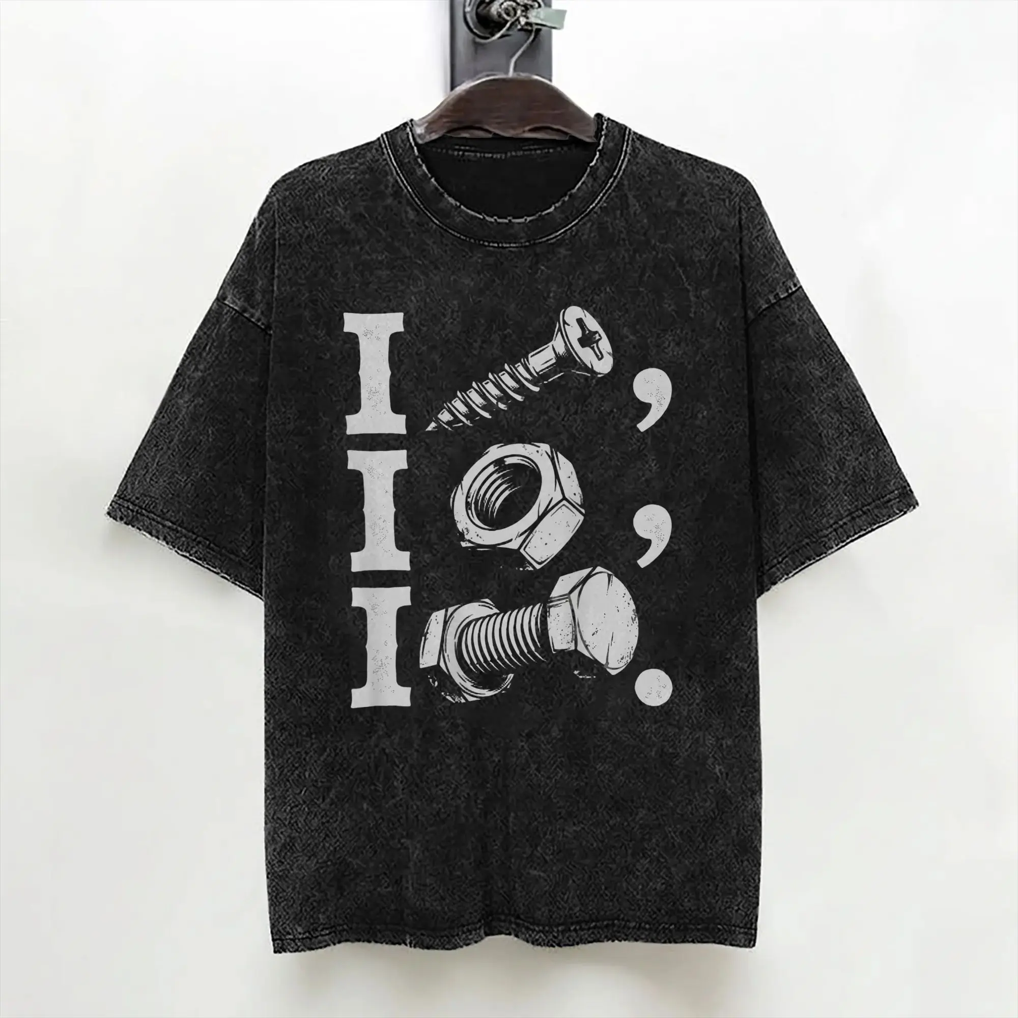 Washed T Shirt I Screw I Nut I Bolt Funny Car Repair Garage Hip Hop Vintage T-Shirts High Street  Streetwear Tops Tee Shirt Men