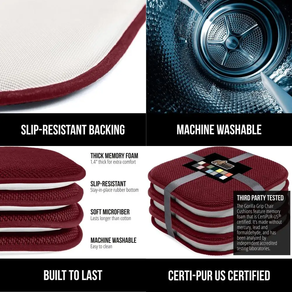 

Нескользящие подушки для стула из пены с эффектом памяти, набор из 4 шт., 16x16 дюймов, винный цвет, подходят для столовой, кухни, офиса и кресла-качалки