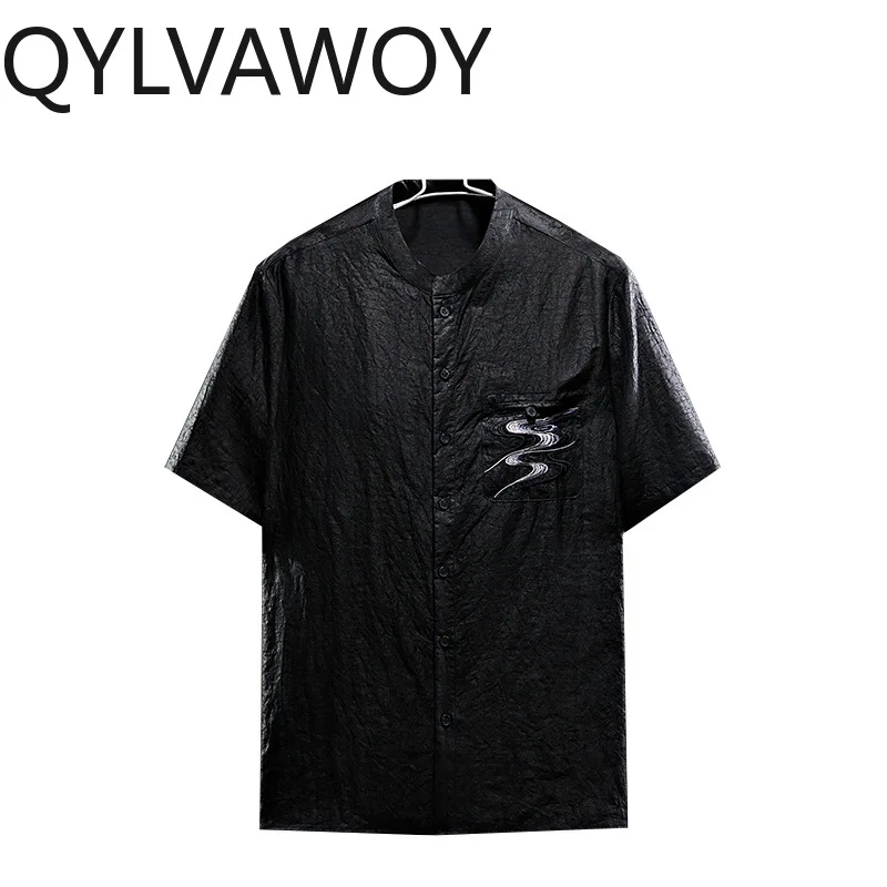 QYLVAWOY 100% Natural Mulberry Silk Men's Shirts Summer Short Sleeves Tops High-end Xiangyunsha Shirts Chinese Shirts for Men