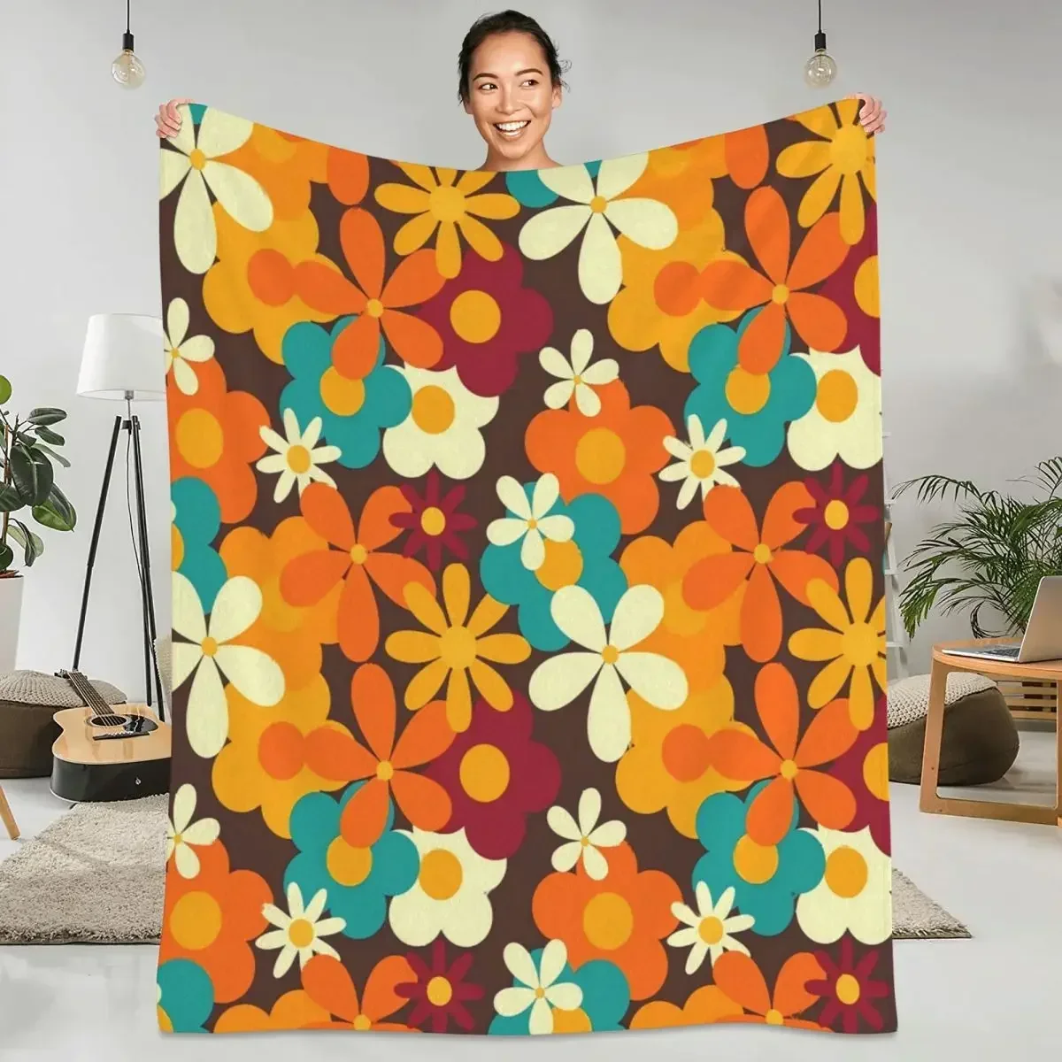 

Flower Power Flannel Throw Blanket Soft Warm Retro s Classic Perfect for Spring Outdoor Travel Bedspread