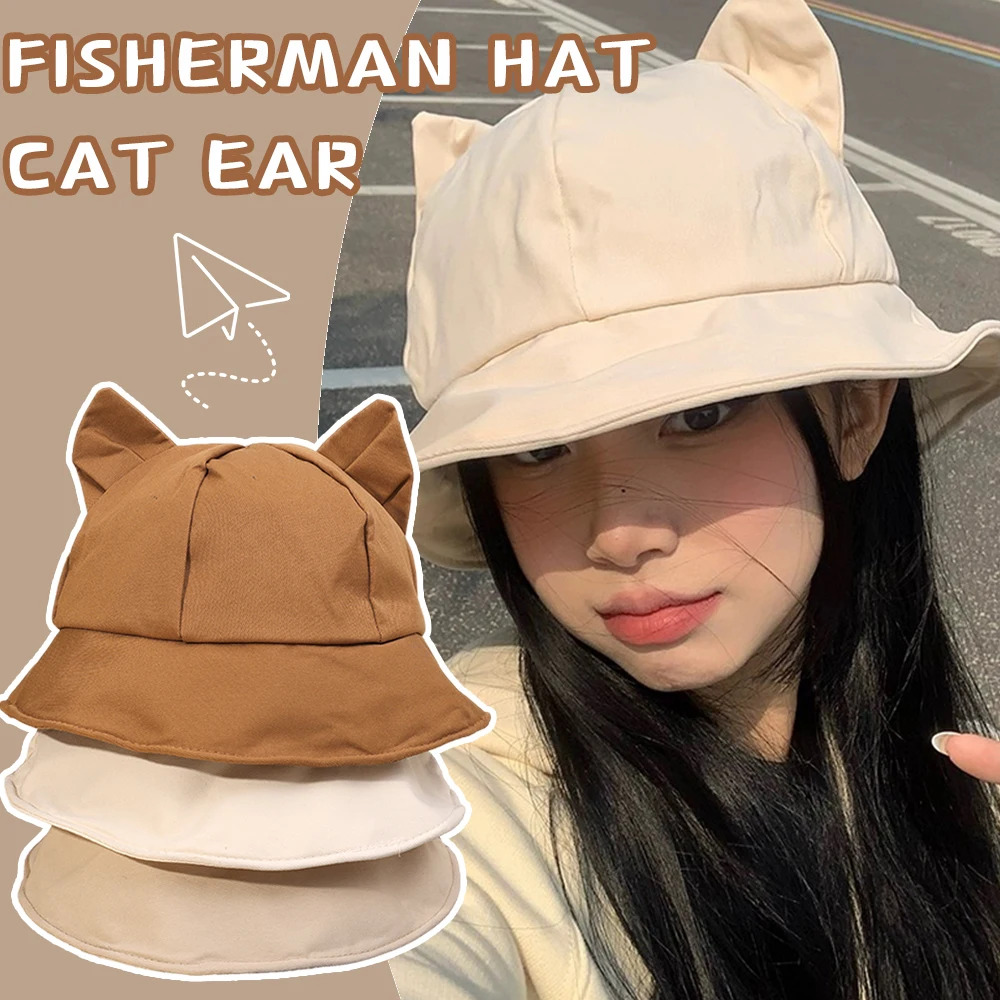 2024 Cartoon Solid Color Cotton Bucket Hat Cute Sweet Cat Ear UV Protection Beach Hat Fisherman Hat Sun Cap Kids Outdoor Travel