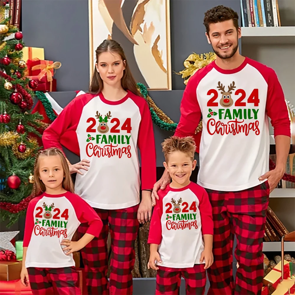 

2024 Family Christmas&Deer Print Family Matching Outfit Raglan Long Sleeve Shirts Christmas Shirts Xmas Day Holiday Clothes Tee