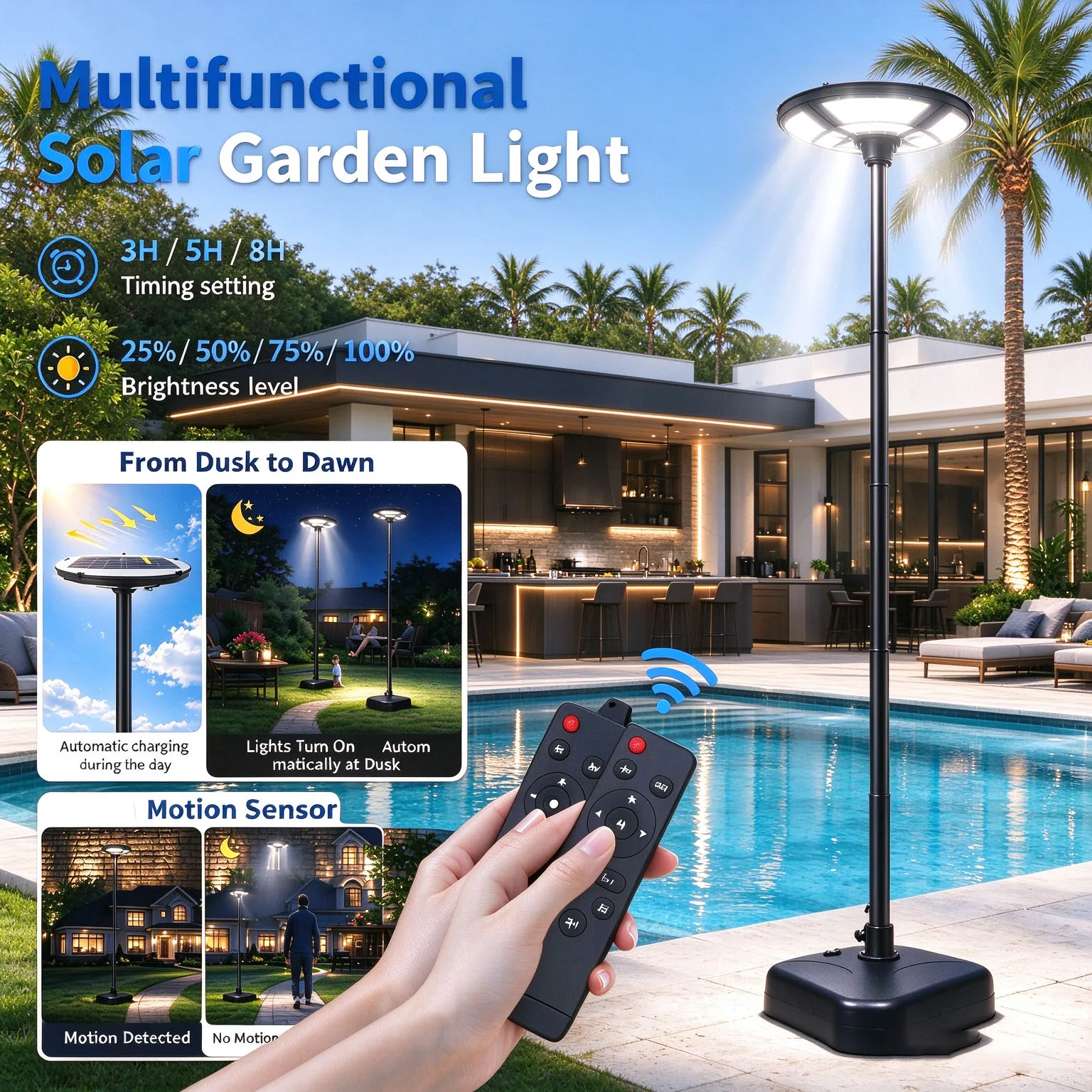 Morglad IP65 Waterproof Solar UFO Street Lamp, Motion Activated Solar Patio Post Light, 12000mAh Large Battery Remote Control Solar Light for Backyard, Driveway, Deck, Camping