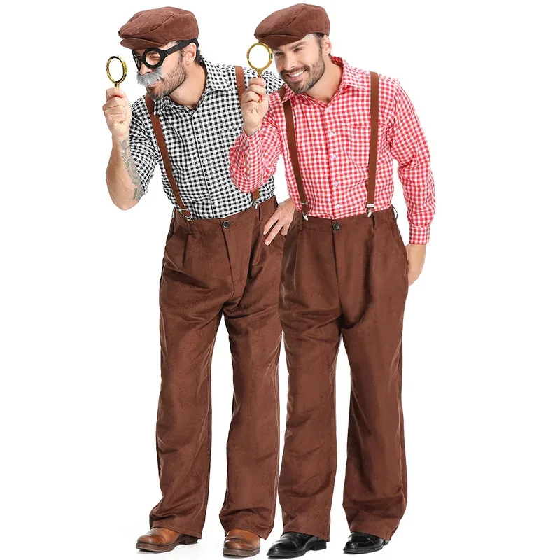 Sky01 Umorden الكبار الرجال الجد الرجل العجوز زي مجموعة بسيطة بنطلون مع الحمالات أحمر أسود منقوشة قميص قبعة الشارب GlSd01$