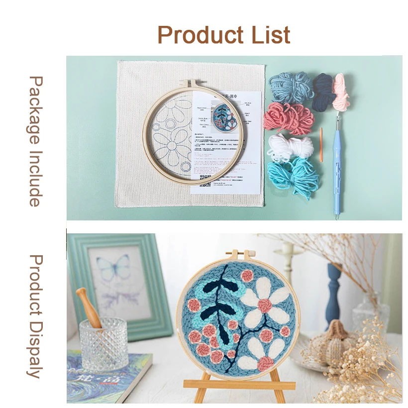 Flower Punch Needle Embroidery Starter Kit DIY Threader Fabric Hoop Yarn Rug Punch Needle Pock Pen for Adults Beginner