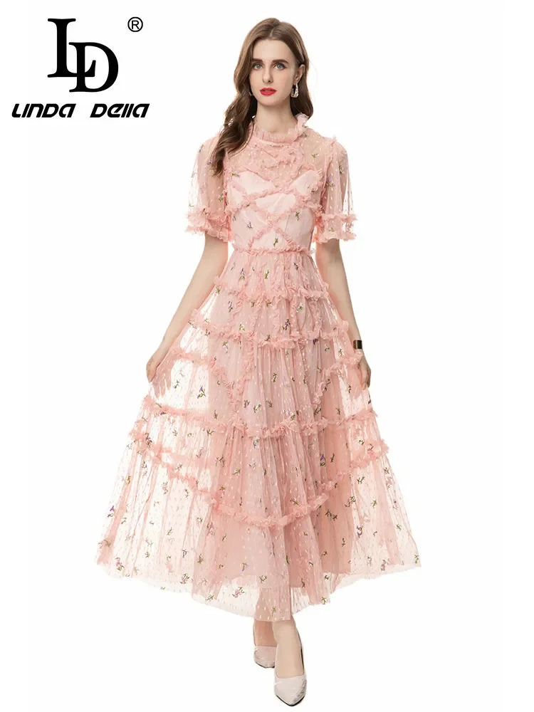 

LD LINDA DELLA Summer Runway Vacation Pretty Dress Women's Chiffon Net Yarn Cascading Ruffle Floral Embroidery Long Dresses