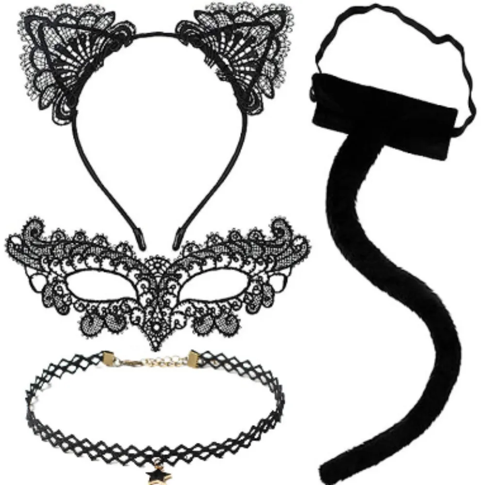 

Сексуальные кошки для Хэллоуина, пуговица, черный, серебряный колокольчик, ожерелье, кошачий хвост, кружевная маска для глаз