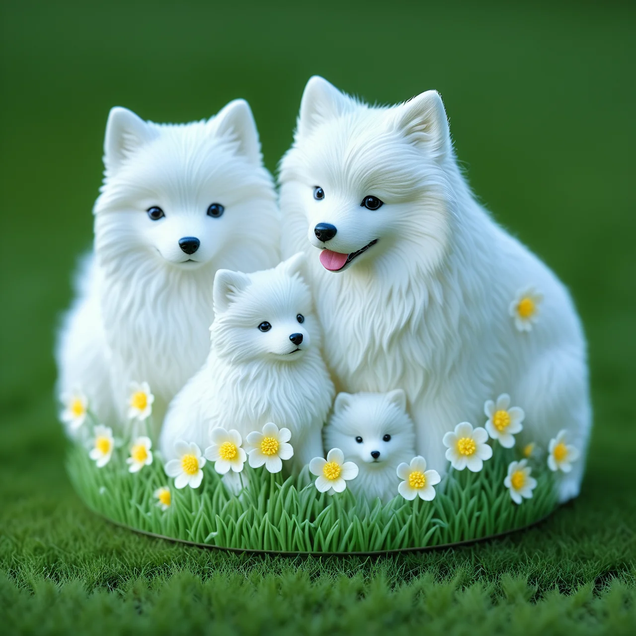 Samoyed Family Silicone Baking Mold Cute White Dog Parent-Child Design with Floral Elements Chocolate Fondant Cake Decoration Mold