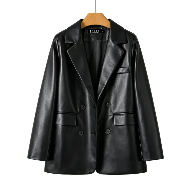 Retro Brown PU Leather Suit Jacket Women New Spring Autumn Style Loose Slimming Versatile Motorcycle Leather Jacket for Women