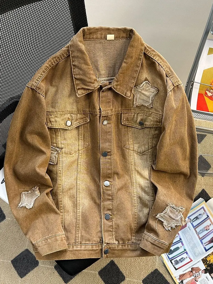 

Мужская винтажная джинсовая куртка свободного кроя с вышивкой «Пять звезд», осенне-весенняя, модная, трендовая